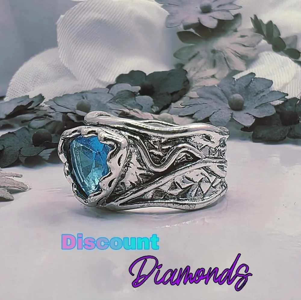 Heart Shaped Blue Topaz Ring on 925 Silver Antique Band